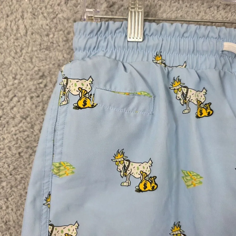 GOAT USA Boys Lined Swim Trunks Money Goat Print Blue Youth XL